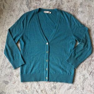 Tory Burch Teal Blue 100% Merino Wool V-Neck Button Up Cardigan Sweater Medium